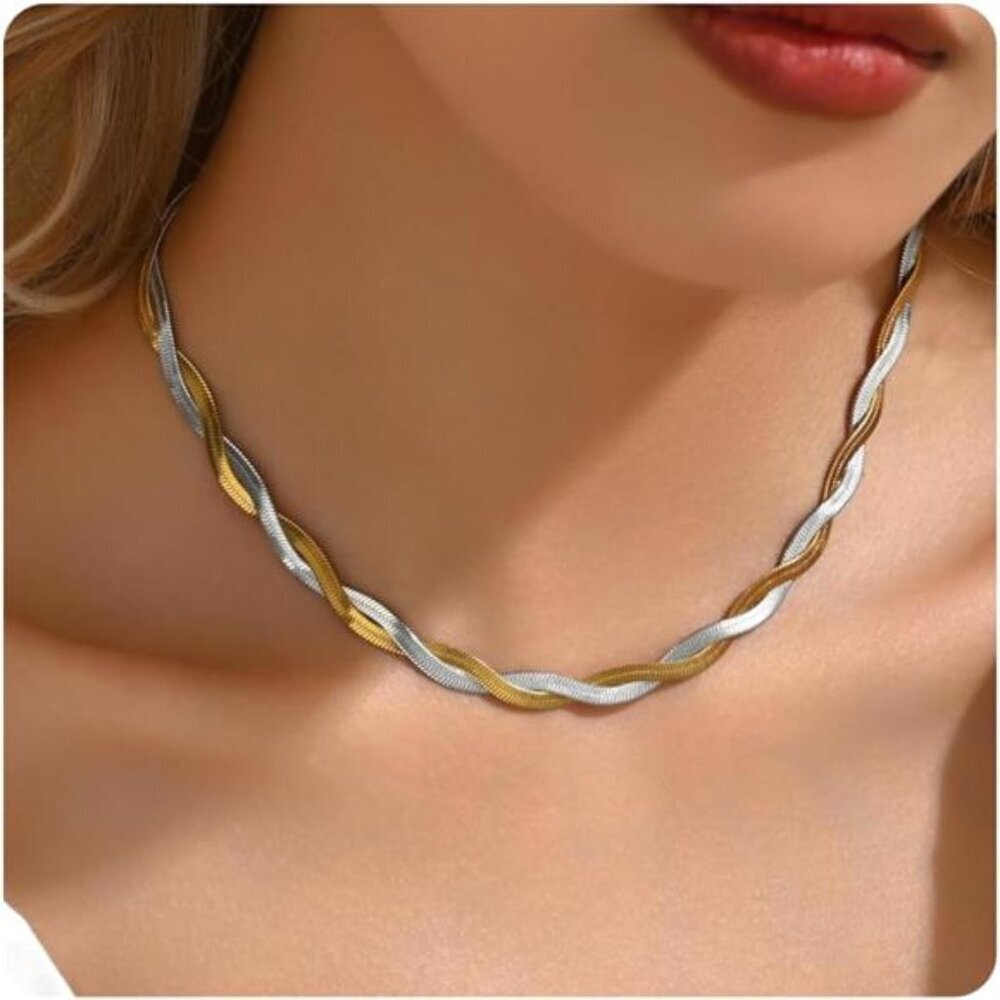 18K Gold Plated Snake Chain Herringbone Necklace Layered Double Chain Choker